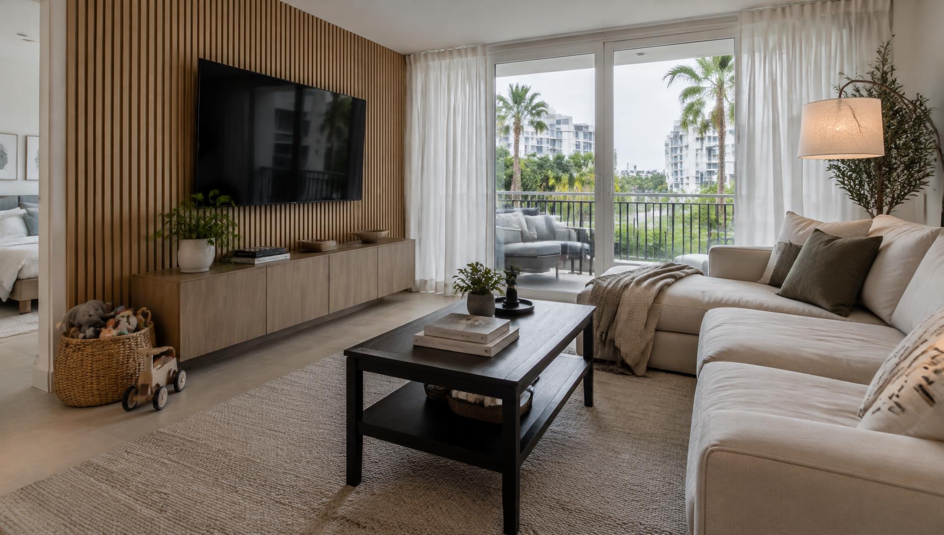 Walnut fluted media wall with warm LED backlighting in a Miami penthouse